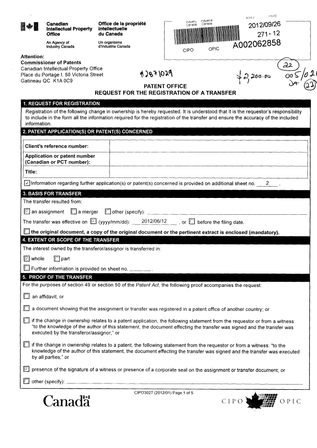 Document de brevet canadien 2707241. Correspondance 20120926. Image 1 de 5