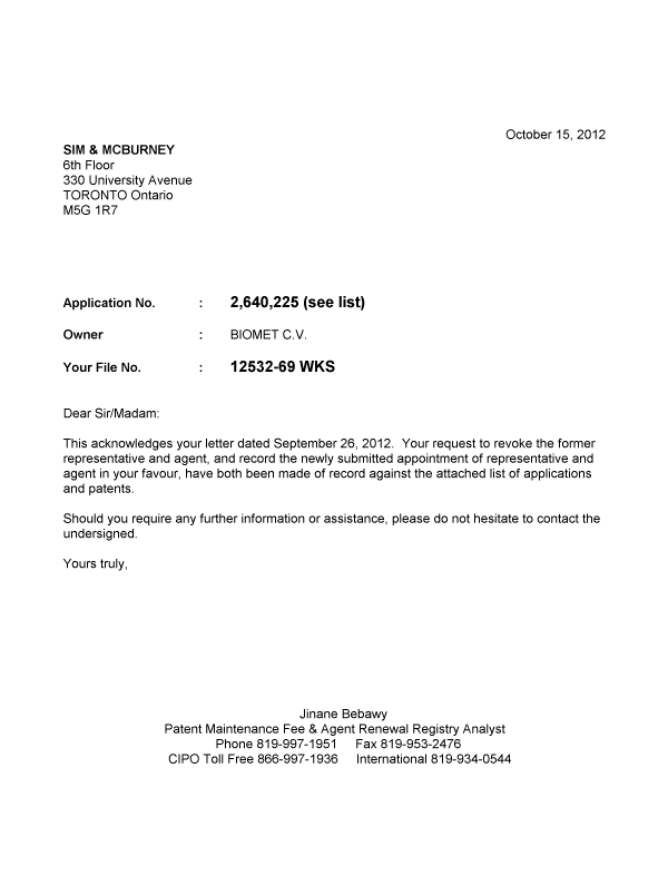Document de brevet canadien 2707241. Correspondance 20121015. Image 1 de 1