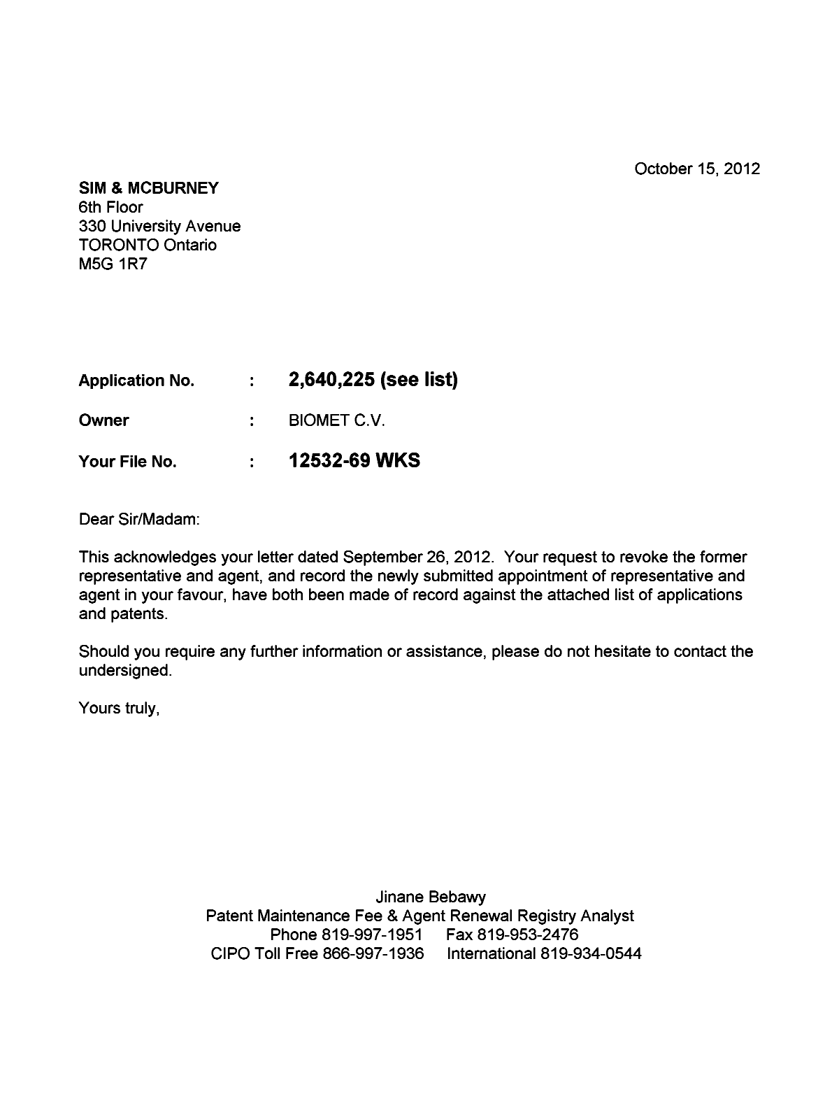 Canadian Patent Document 2707241. Correspondence 20121015. Image 1 of 1