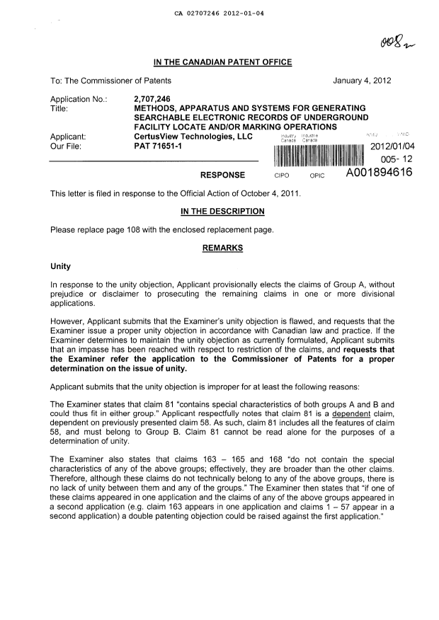 Document de brevet canadien 2707246. Poursuite-Amendment 20120104. Image 1 de 4