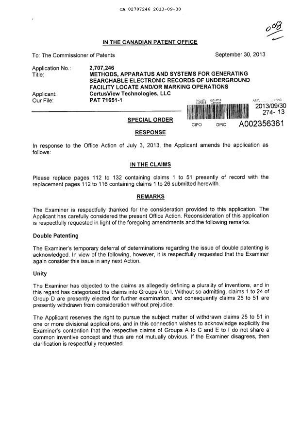 Document de brevet canadien 2707246. Poursuite-Amendment 20130930. Image 1 de 9