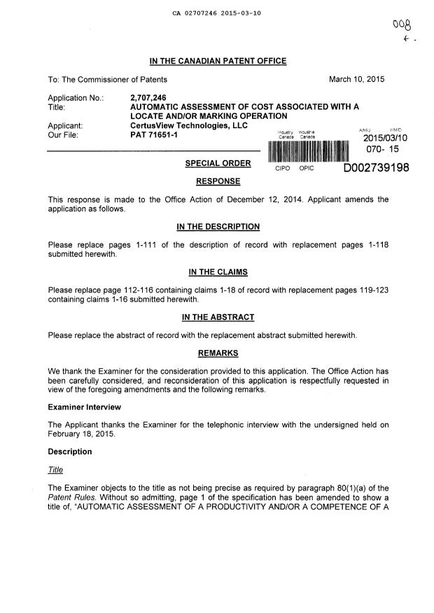 Document de brevet canadien 2707246. Poursuite-Amendment 20150310. Image 1 de 128