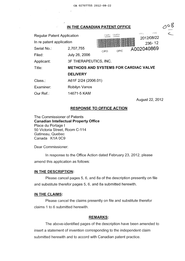 Canadian Patent Document 2707755. Prosecution-Amendment 20120822. Image 1 of 8