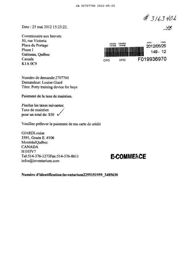 Document de brevet canadien 2707760. Taxes 20120525. Image 1 de 1