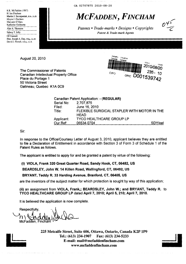 Document de brevet canadien 2707875. Correspondance 20100820. Image 1 de 1