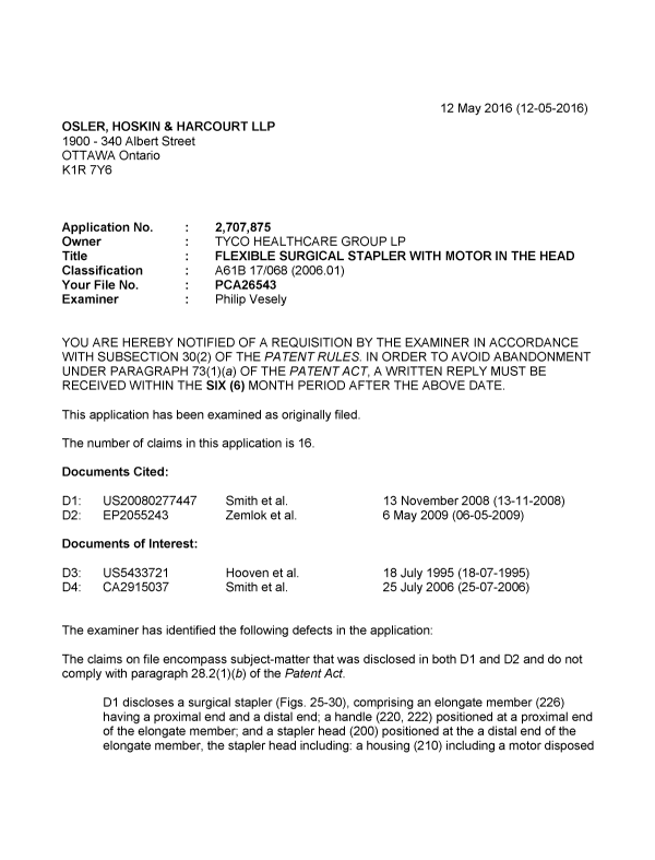 Canadian Patent Document 2707875. Examiner Requisition 20160512. Image 1 of 4