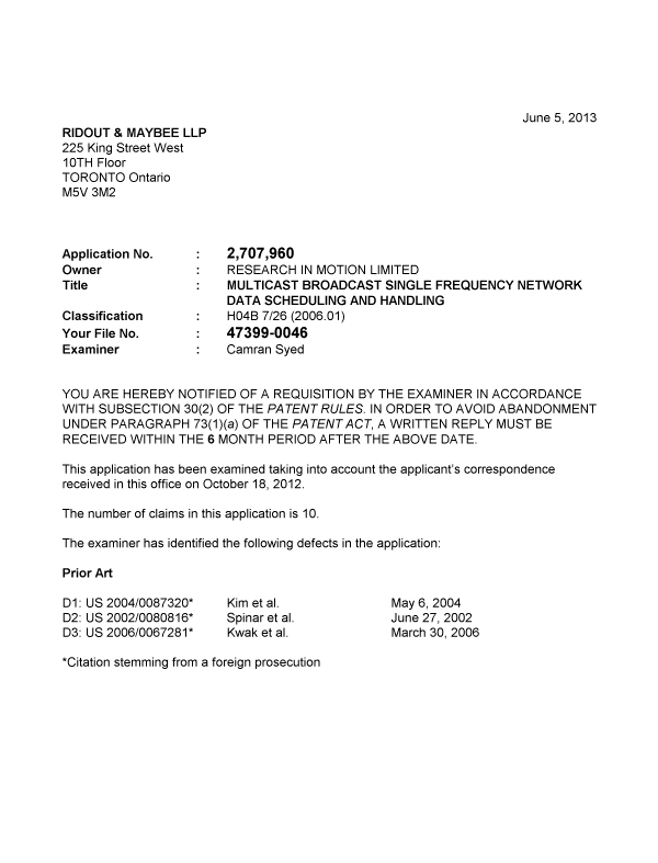 Canadian Patent Document 2707960. Prosecution-Amendment 20130605. Image 1 of 5