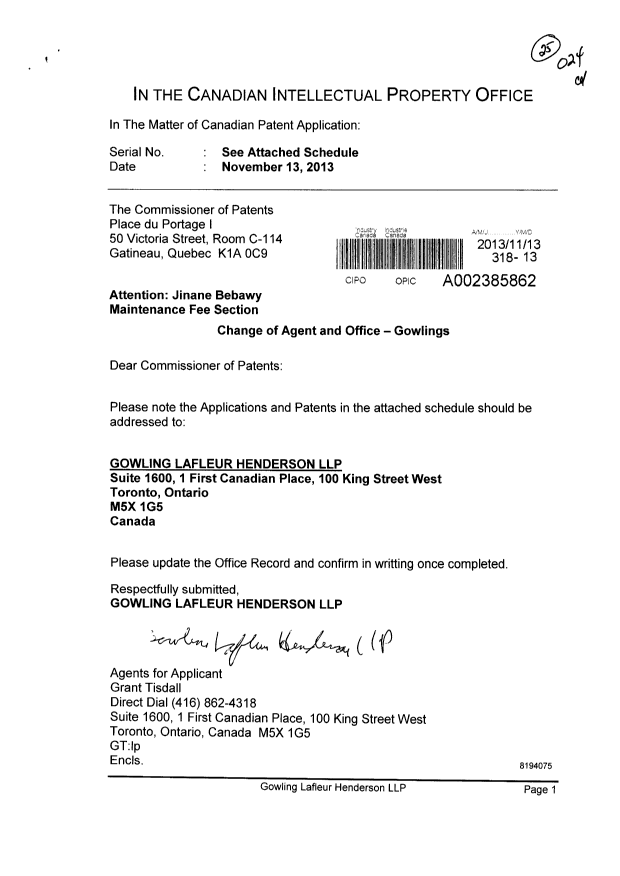 Document de brevet canadien 2708073. Correspondance 20121213. Image 1 de 4