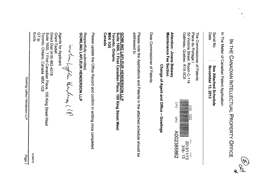 Document de brevet canadien 2708073. Correspondance 20121213. Image 1 de 4