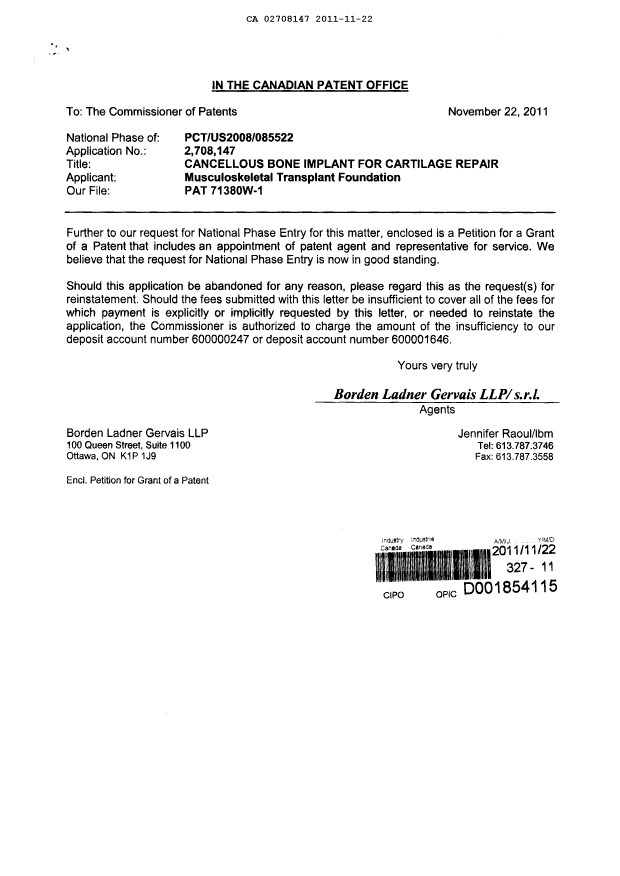 Document de brevet canadien 2708147. Correspondance 20111122. Image 1 de 3