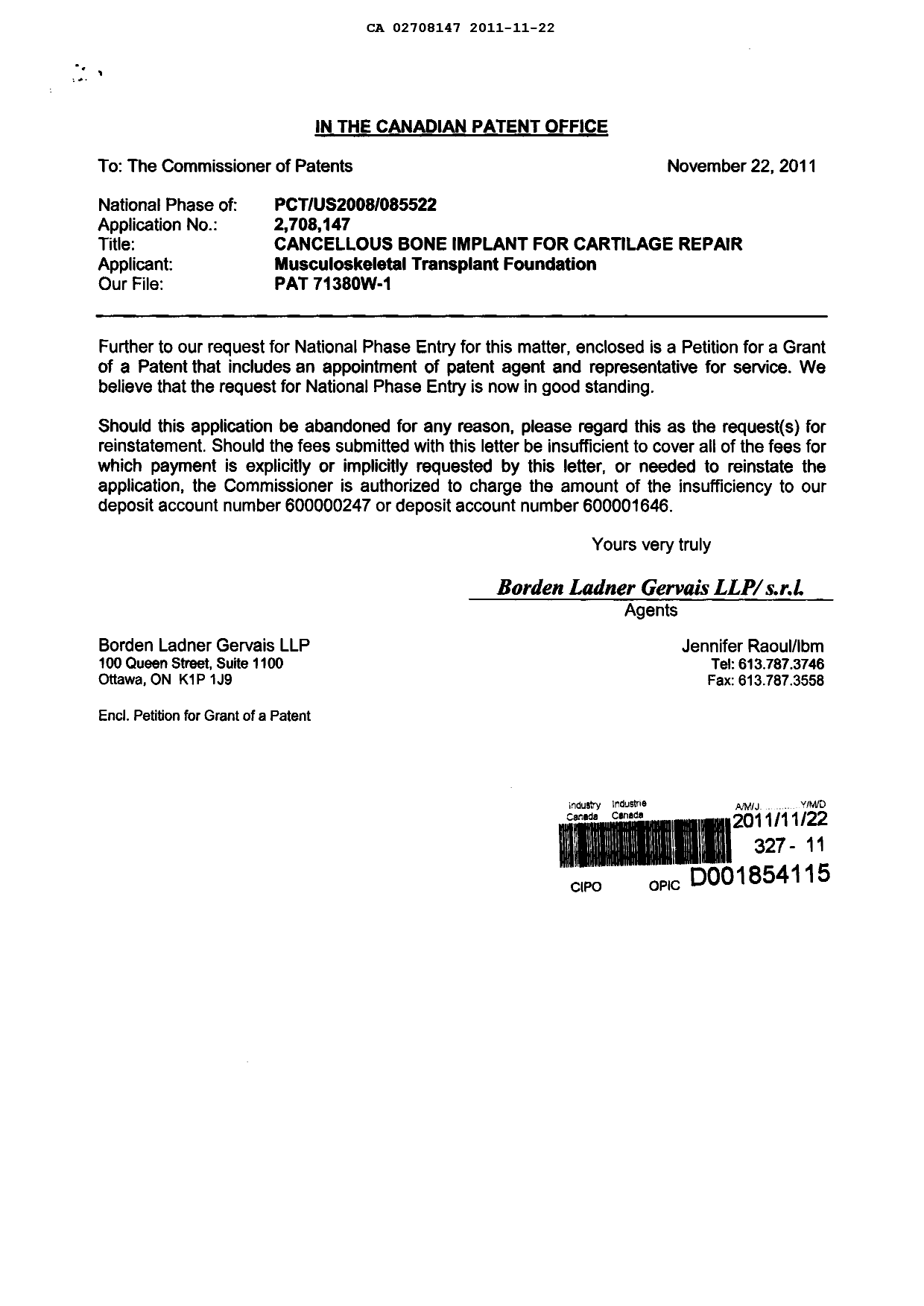 Canadian Patent Document 2708147. Correspondence 20111122. Image 1 of 3