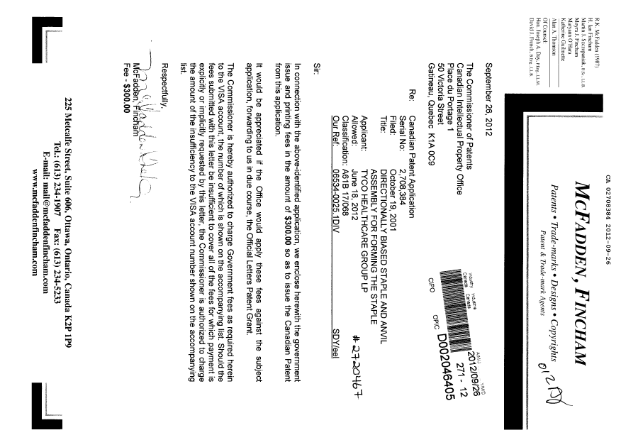 Canadian Patent Document 2708384. Correspondence 20120926. Image 1 of 1