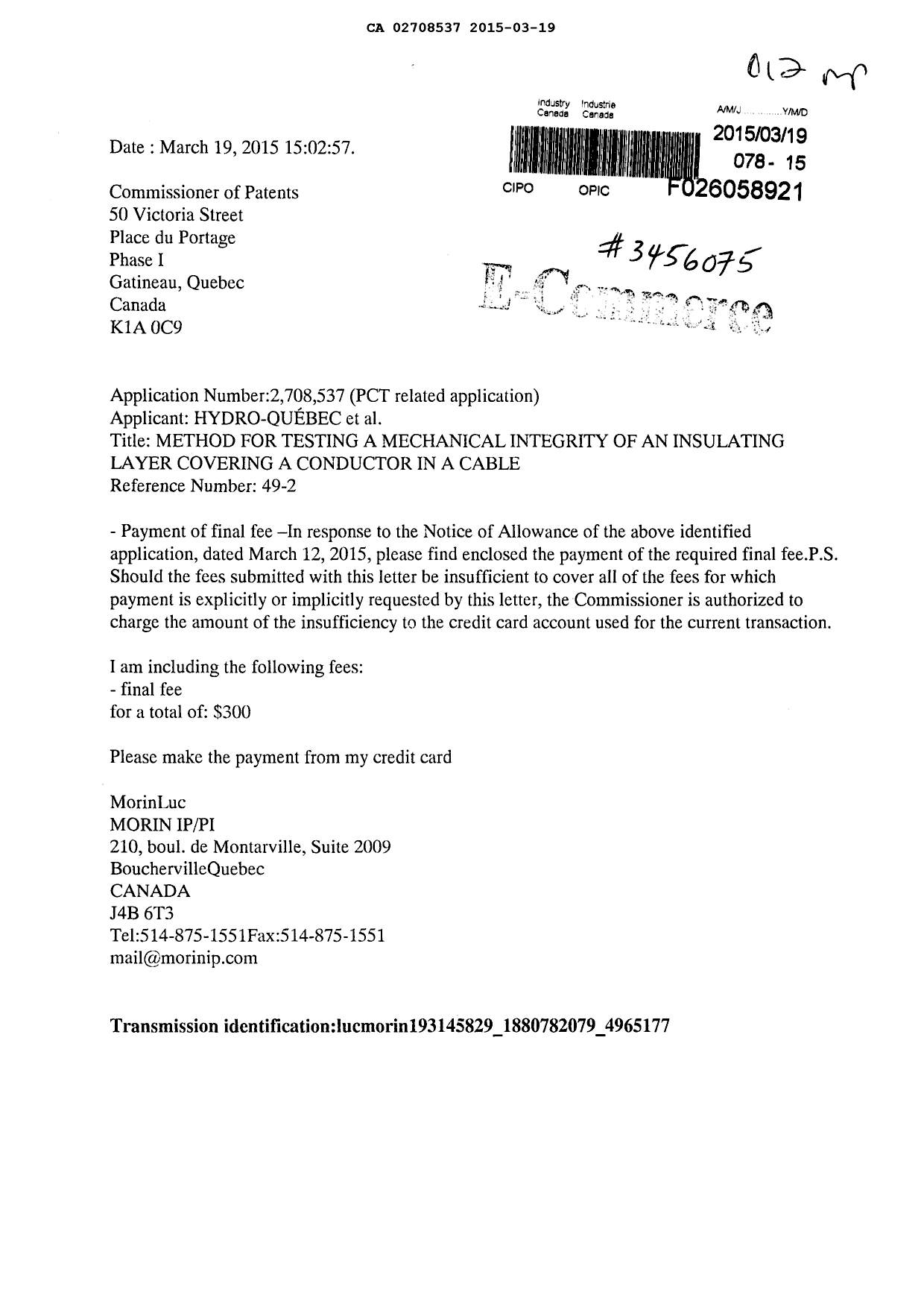 Document de brevet canadien 2708537. Correspondance 20141219. Image 1 de 1