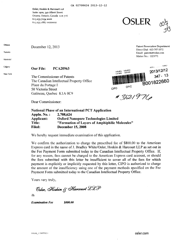 Document de brevet canadien 2708624. Poursuite-Amendment 20131212. Image 1 de 1