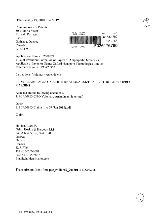 Canadian Patent Document 2708624. Amendment 20180119. Image 1 of 7