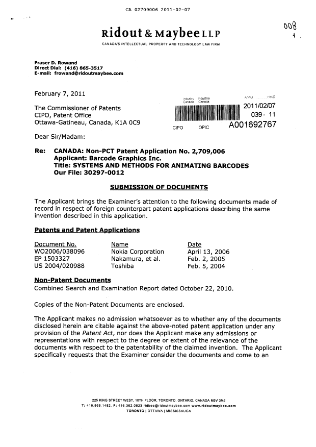 Document de brevet canadien 2709006. Poursuite-Amendment 20110207. Image 1 de 2