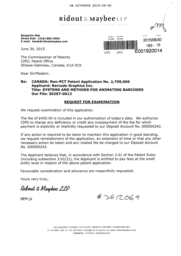 Document de brevet canadien 2709006. Requête d'examen 20150630. Image 1 de 1