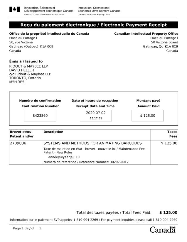 Document de brevet canadien 2709006. Paiement de taxe périodique 20200702. Image 1 de 1