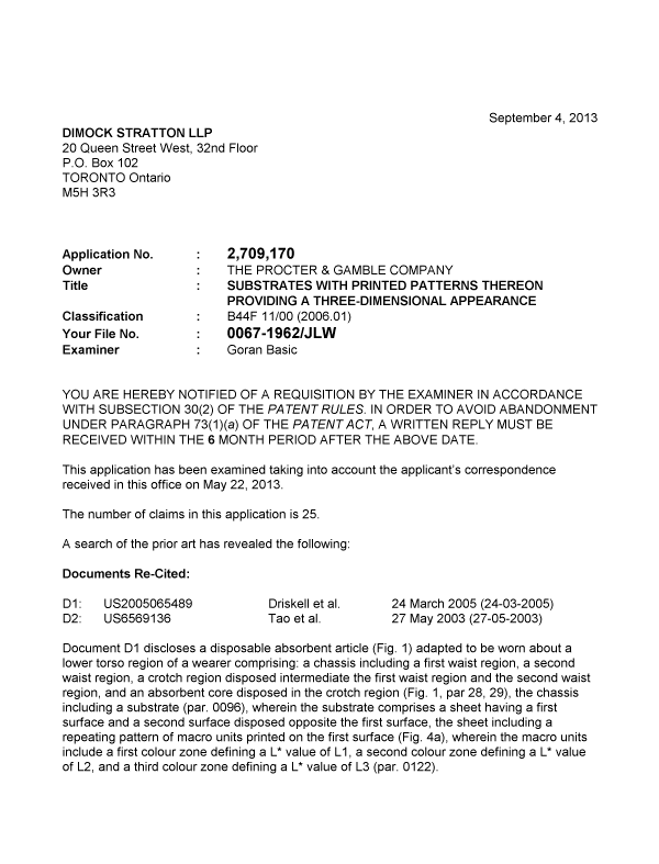 Canadian Patent Document 2709170. Prosecution-Amendment 20130904. Image 1 of 3
