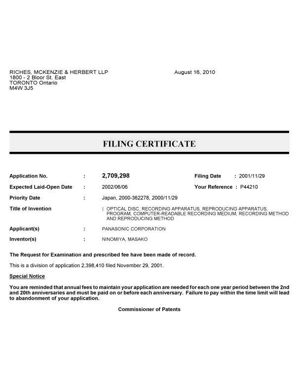 Document de brevet canadien 2709298. Correspondance 20100816. Image 1 de 1
