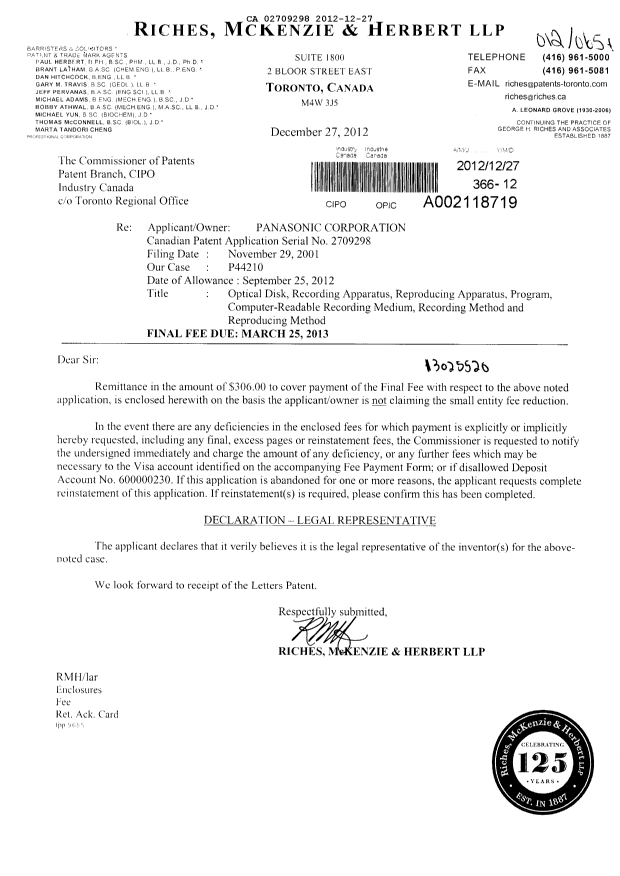 Document de brevet canadien 2709298. Correspondance 20121227. Image 1 de 1