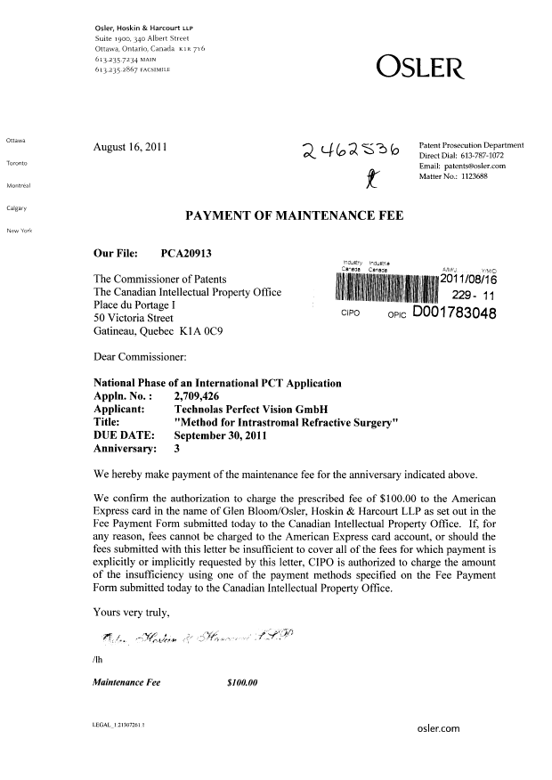 Canadian Patent Document 2709426. Fees 20110816. Image 1 of 1