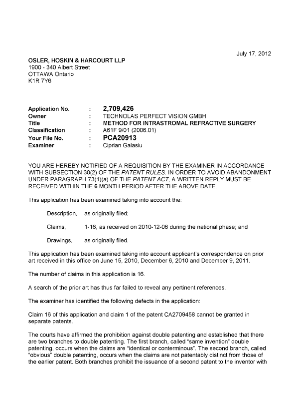 Document de brevet canadien 2709426. Poursuite-Amendment 20120717. Image 1 de 2