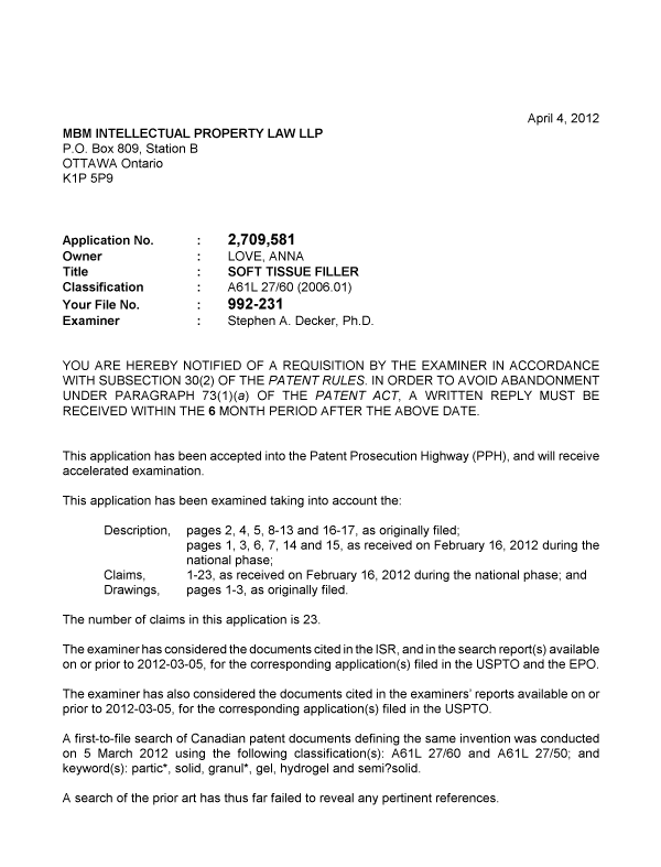 Canadian Patent Document 2709581. Prosecution-Amendment 20120404. Image 1 of 3