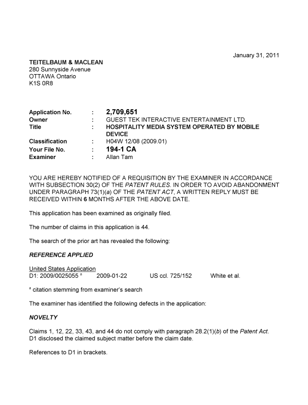 Canadian Patent Document 2709651. Prosecution-Amendment 20110131. Image 1 of 3