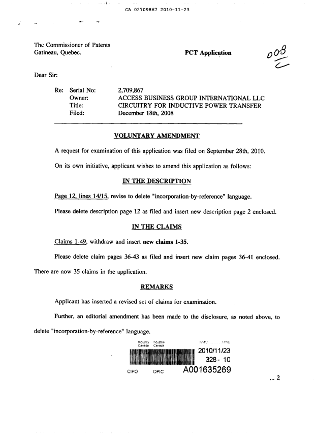 Canadian Patent Document 2709867. Prosecution-Amendment 20101123. Image 1 of 9