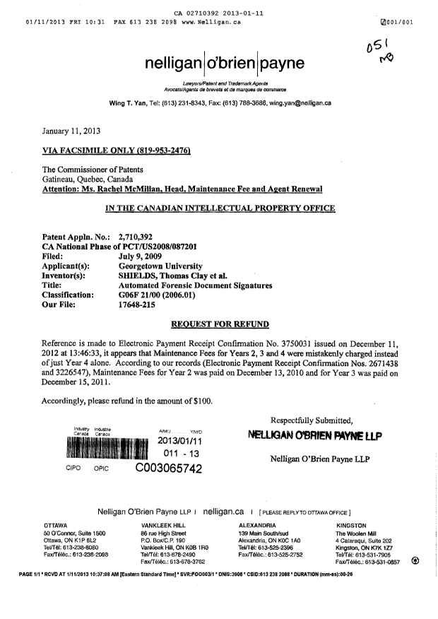 Document de brevet canadien 2710392. Correspondance 20130111. Image 1 de 1