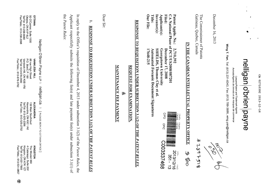 Canadian Patent Document 2710392. Fees 20131216. Image 1 of 3