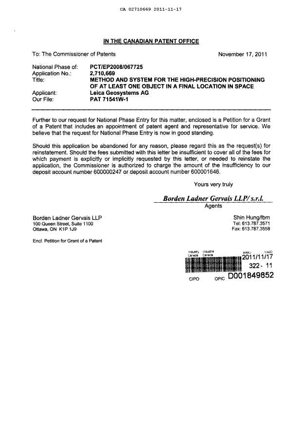 Document de brevet canadien 2710669. Correspondance 20111117. Image 1 de 3
