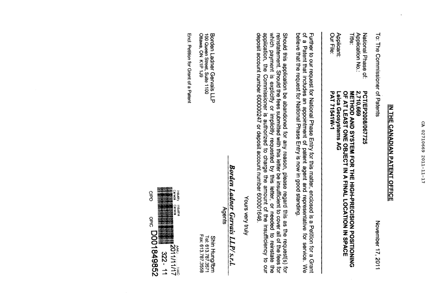 Canadian Patent Document 2710669. Correspondence 20111117. Image 1 of 3