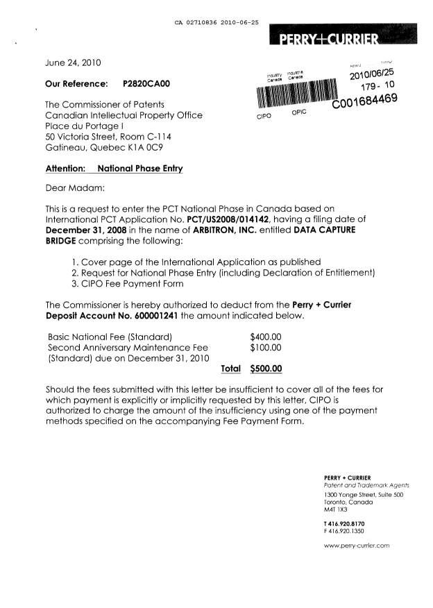 Document de brevet canadien 2710836. Cession 20100625. Image 1 de 4