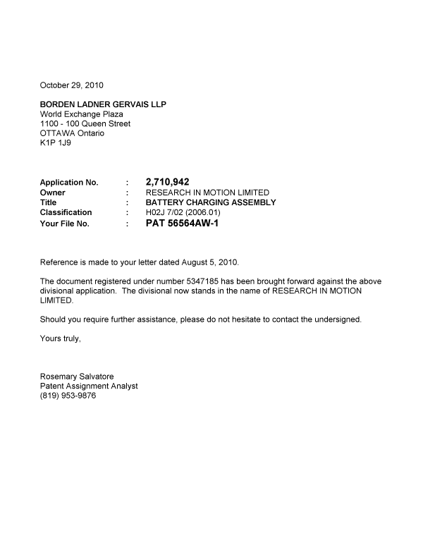 Canadian Patent Document 2710942. Correspondence 20101029. Image 1 of 1