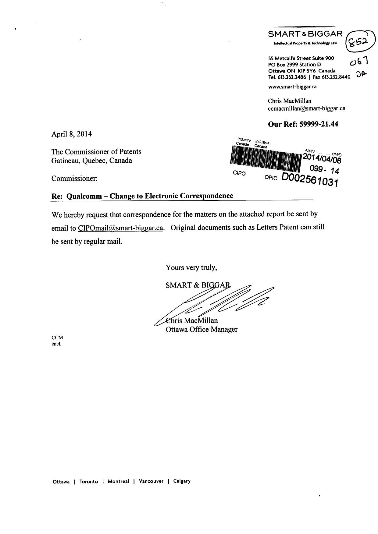 Canadian Patent Document 2711305. Correspondence 20140408. Image 1 of 2