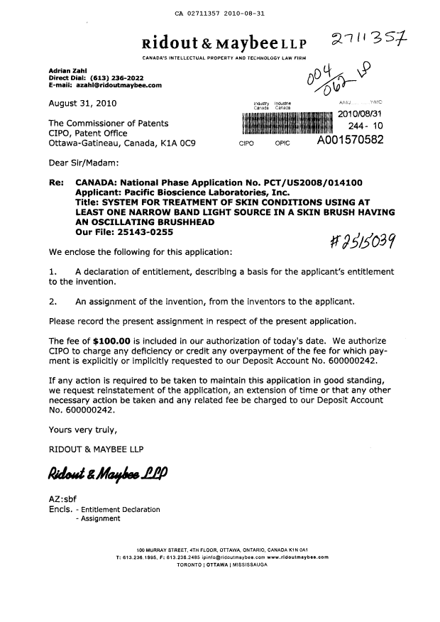 Canadian Patent Document 2711357. Correspondence 20091231. Image 1 of 2