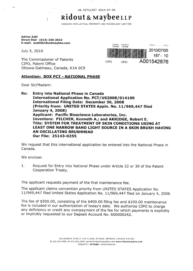 Document de brevet canadien 2711357. Cession 20100705. Image 1 de 4