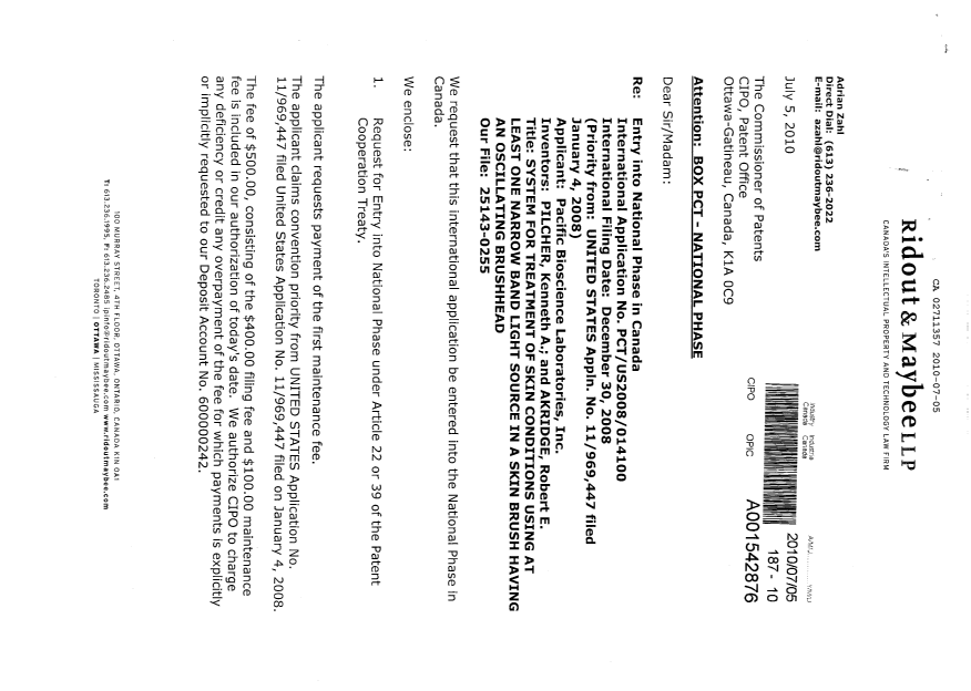 Document de brevet canadien 2711357. Cession 20100705. Image 1 de 4