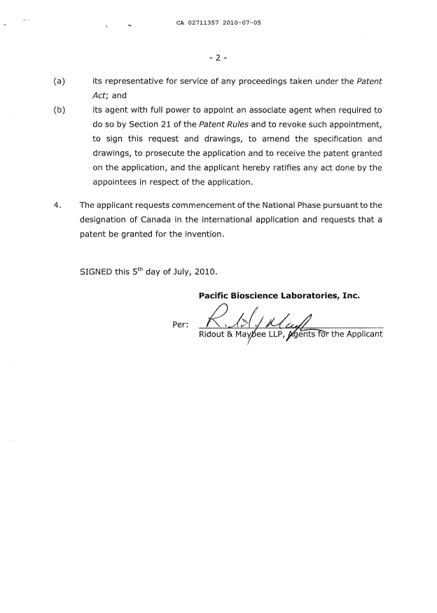 Document de brevet canadien 2711357. Cession 20100705. Image 4 de 4