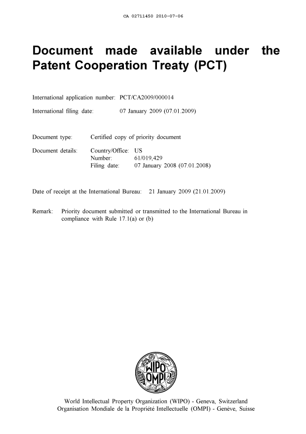 Canadian Patent Document 2711450. PCT 20100706. Image 1 of 24