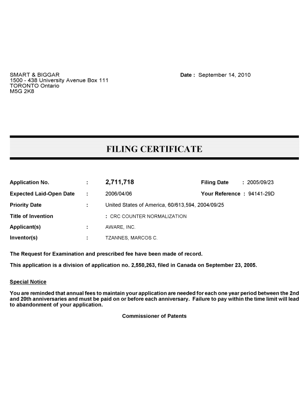 Canadian Patent Document 2711718. Correspondence 20100907. Image 1 of 1