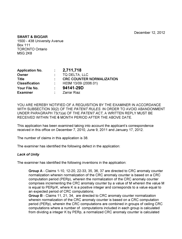 Canadian Patent Document 2711718. Prosecution-Amendment 20121212. Image 1 of 2