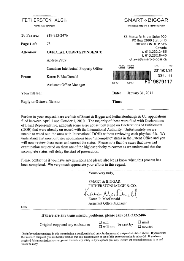 Document de brevet canadien 2711955. Correspondance 20110131. Image 1 de 2