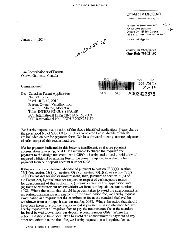 Document de brevet canadien 2711955. Poursuite-Amendment 20140114. Image 1 de 2