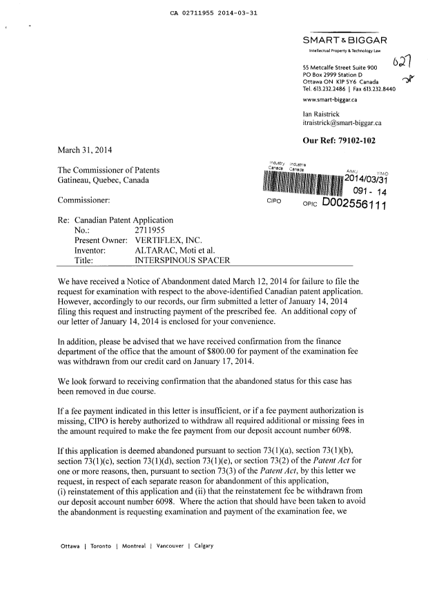 Document de brevet canadien 2711955. Poursuite-Amendment 20140331. Image 1 de 4