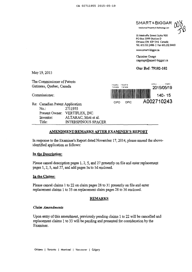 Canadian Patent Document 2711955. Prosecution-Amendment 20150519. Image 1 of 23