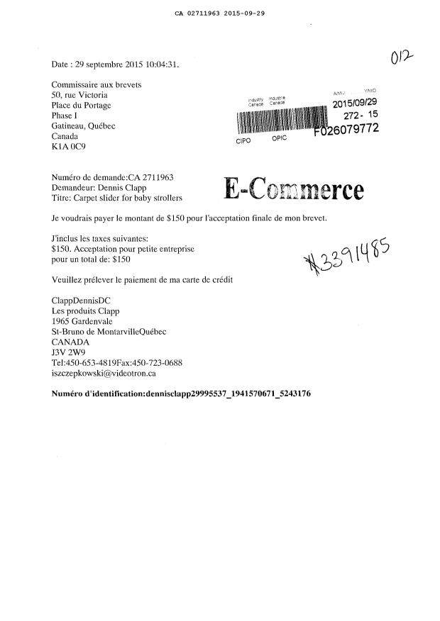 Document de brevet canadien 2711963. Correspondance 20141229. Image 1 de 1