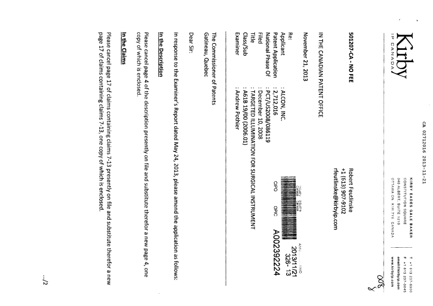 Canadian Patent Document 2712016. Prosecution-Amendment 20131121. Image 1 of 6